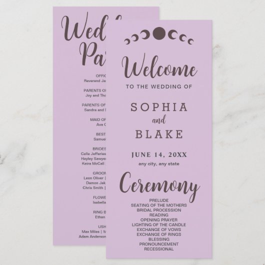 Dunkelbraune Mondphasen Lila Hochzeitsprogramm (Vorne/Hinten)