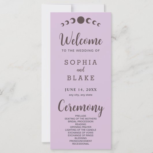 Dunkelbraune Mondphasen Lila Hochzeitsprogramm (Vorderseite)