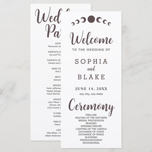 Dunkelbraune Mondphasen Weißes Hochzeitsprogramm (Vorne/Hinten)