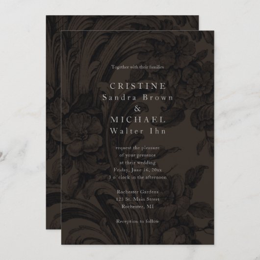 Dunkelbraune ornamentale Hochzeitseinladung Einladung (Vorne/Hinten)