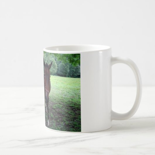 Dunkelbraune Pferde auf Weide Kaffeetasse (Rechts)