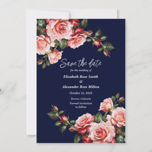Dunkelbraunes Rosa und marineblaue rote Rosen Save The Date (Vorderseite)