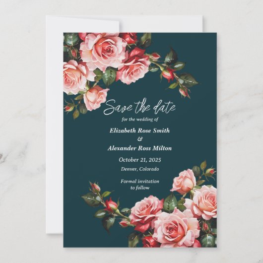 Dunkelbraunes Rosa und rote Rosen aquamarine Hochz Save The Date (Vorderseite)