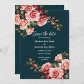Dunkelbraunes Rosa und rote Rosen aquamarine Hochz Save The Date (Vorne/Hinten)