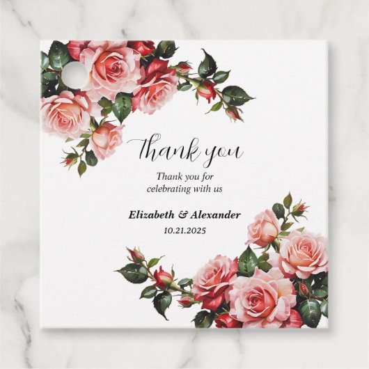 Dunkelbraunes Rosa und rote Rosen Hochzeit Geschenkanhänger (Vorderseite)