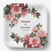 Dunkelbraunes Rosa und rote Rosen Hochzeit Pappteller (Vorderseite)