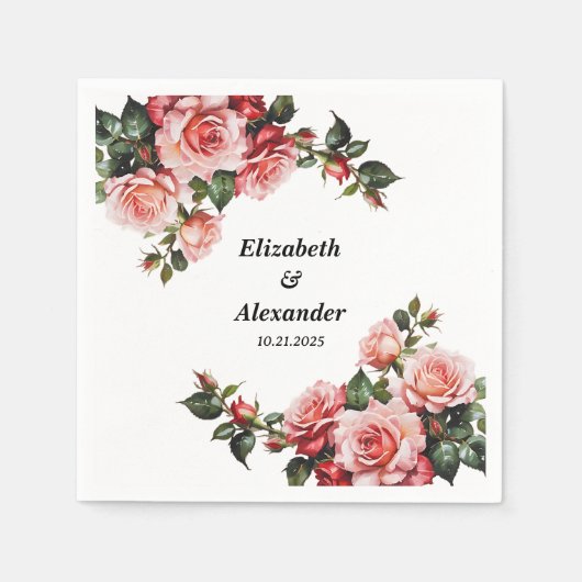 Dunkelbraunes Rosa und rote Rosen Hochzeit Serviette (Vorderseite)