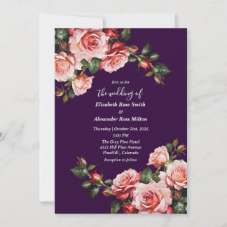 Dunkelbraunes Rosa und rote Rosen lila Hochzeit Einladung
