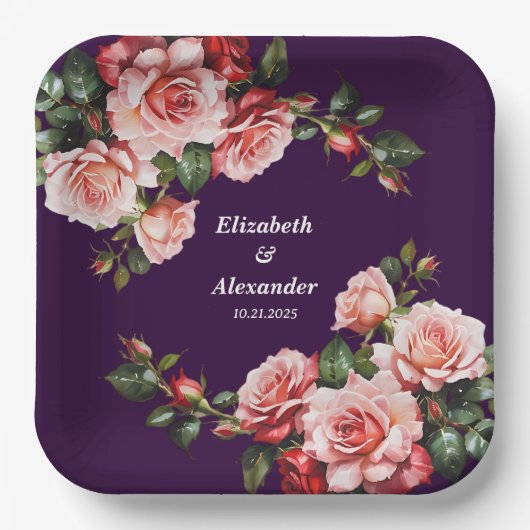 Dunkelbraunes Rosa und rote Rosen lila Hochzeit Pappteller (Vorderseite)