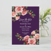 Dunkelbraunes Rosa und rote Rosen lila Hochzeit Save The Date (Stehend Vorderseite)