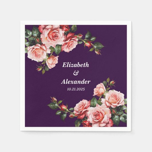Dunkelbraunes Rosa und rote Rosen lila Hochzeit Serviette (Vorderseite)