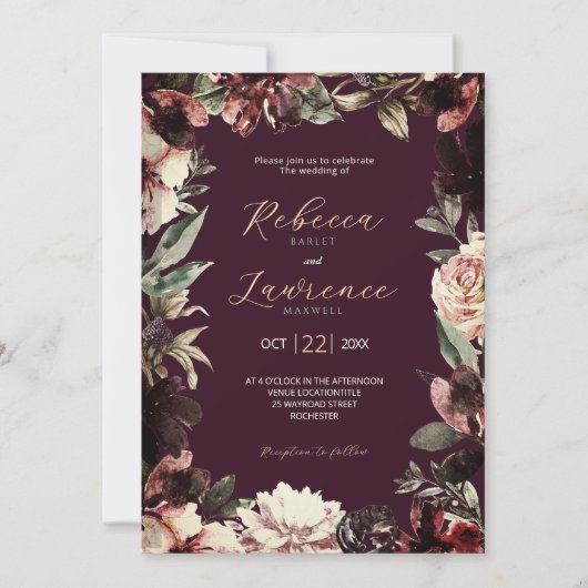 Dunkelfarbene Hochzeitsfeier Einladung (Vorderseite)