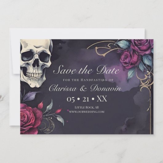 Dunkelgoher Skull & Rose Elegante Handhabung Save The Date (Vorderseite)