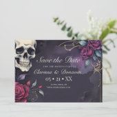 Dunkelgoher Skull & Rose Elegante Handhabung Save The Date (Stehend Vorderseite)