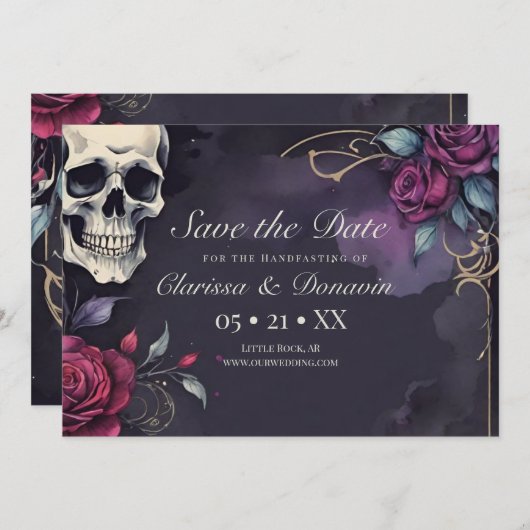 Dunkelgoher Skull & Rose Elegante Handhabung Save The Date (Vorne/Hinten)
