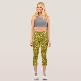 Dunkelgoldgelbe Imitate Glitzer Glitzern Capri Leggings