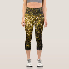 Dunkelgoldgelbe Imitate Glitzer Glitzern Capri Leggings