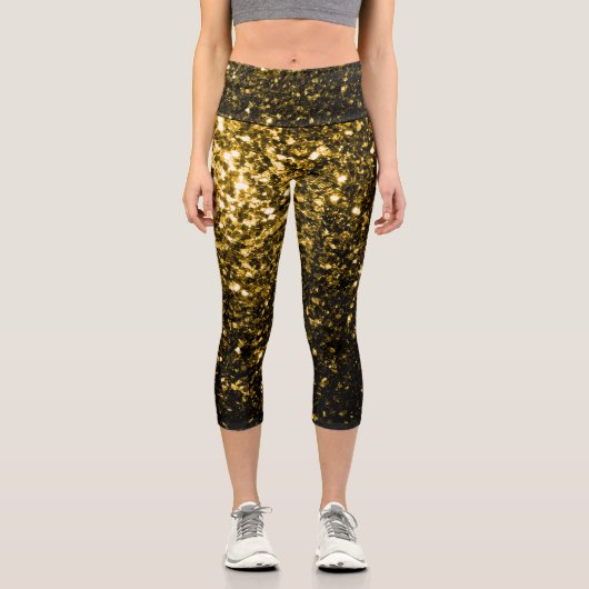 Dunkelgoldgelbe Imitate Glitzer Glitzern Capri Leggings (Vorderseite)