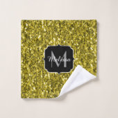 Dunkelgoldgelbe Imitate Glitzer Glitzern Monogram Badhandtuch Set (Waschlappen)
