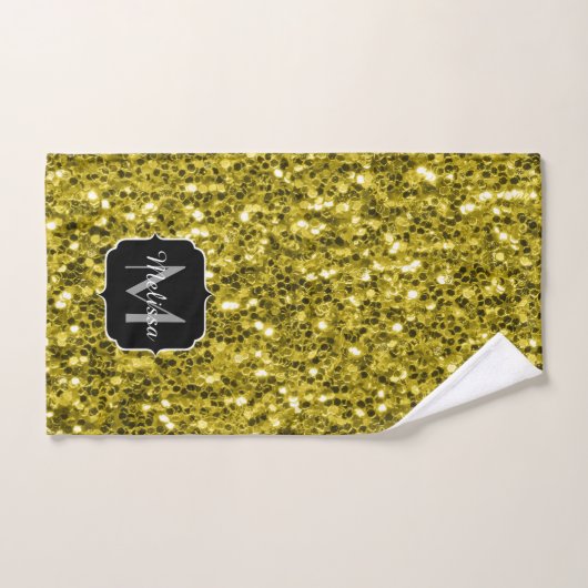 Dunkelgoldgelbe Imitate Glitzer Glitzern Monogram Badhandtuch Set (Handtuch)