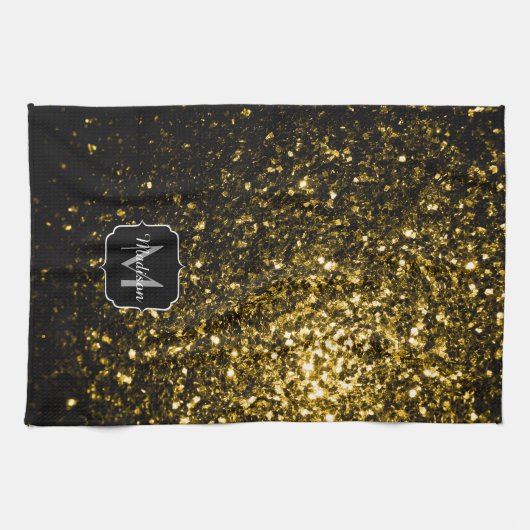 Dunkelgoldgelbe Imitate Glitzer Glitzern Monogram Geschirrtuch (Horizontal)