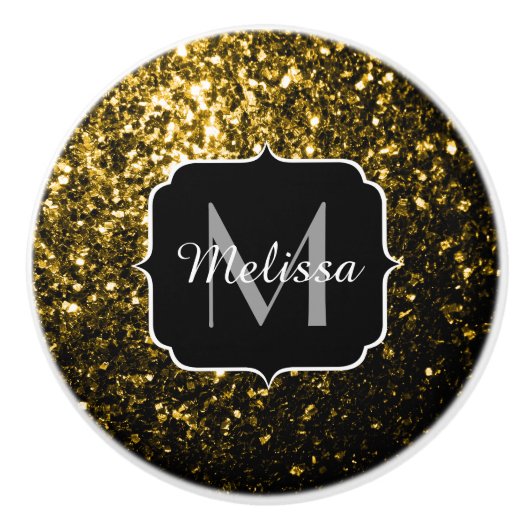 Dunkelgoldgelbe Imitate Glitzer Glitzern Monogram Keramikknauf (Vorderseite)