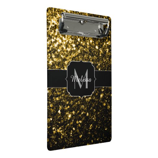 Dunkelgoldgelbe Imitate Glitzer Glitzern Monogram Mini Klemmbrett (Schrägansicht)