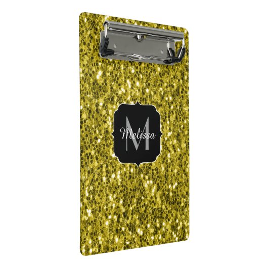 Dunkelgoldgelbe Imitate Glitzer Glitzern Monogram Mini Klemmbrett (Schrägansicht)