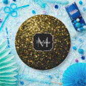 Dunkelgoldgelbe Imitate Glitzer Glitzern Monogram Pappteller (Party)
