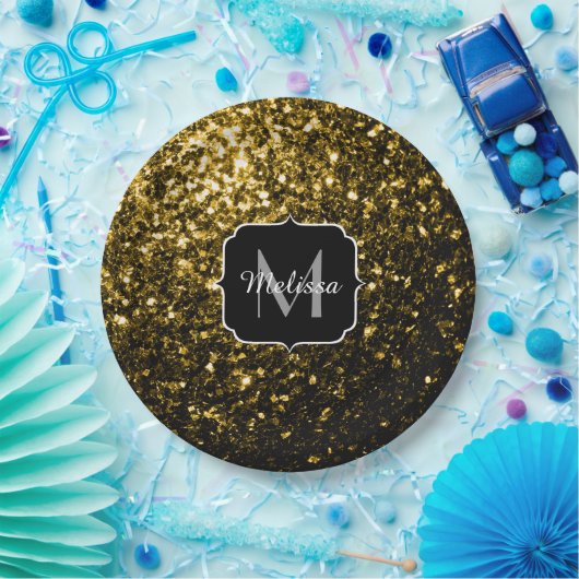 Dunkelgoldgelbe Imitate Glitzer Glitzern Monogram Pappteller (Party)