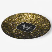 Dunkelgoldgelbe Imitate Glitzer Glitzern Monogram Pappteller (Schrägansicht)