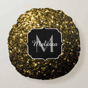Dunkelgoldgelbe Imitate Glitzer Glitzern Monogram Rundes Kissen