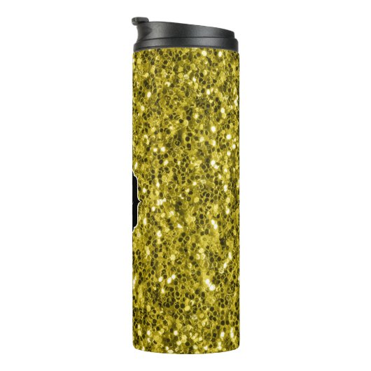 Dunkelgoldgelbe Imitate Glitzer Glitzern Monogram Thermosbecher (Nach rechts gedreht)