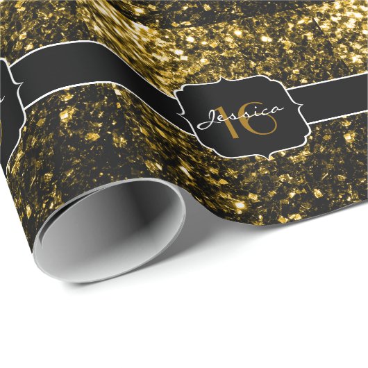 Dunkelgoldgelbe Imitate Glitzer Glitzern Sweet 16 Geschenkpapier (Rolleneckpunkt)
