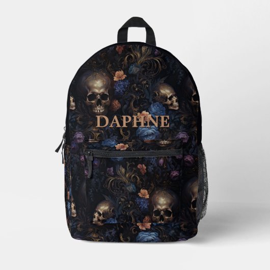 Dunkelgotische Blume & Skulls Monogramm Bedruckter Rucksack (Vorderseite)