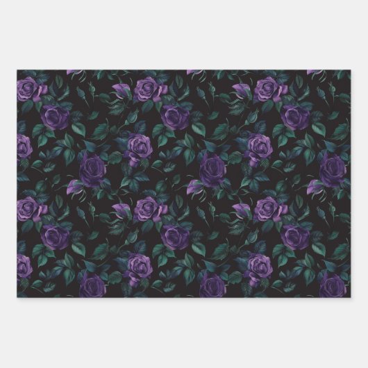 Dunkelgotische Blumenmuster mit tiefen Lila Rose Geschenkpapier Set (Vorderseite 3)