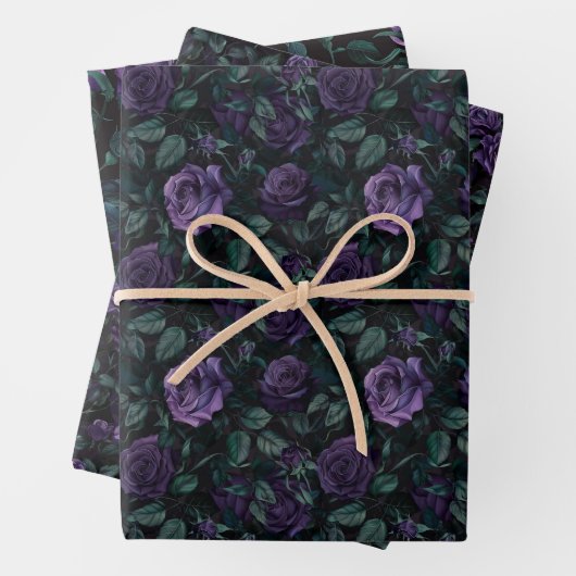 Dunkelgotische Blumenmuster mit tiefen Lila Rose Geschenkpapier Set (Beispiel)