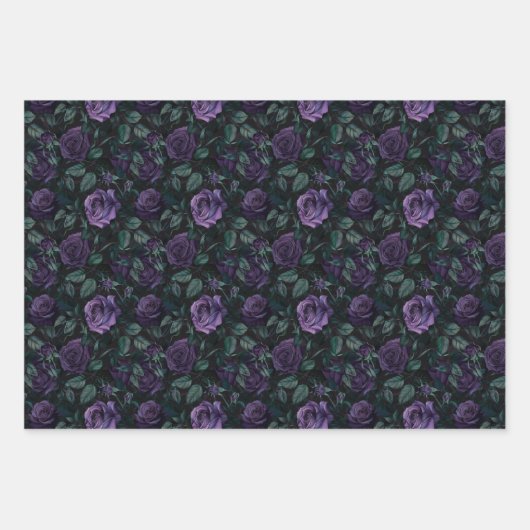 Dunkelgotische Blumenmuster mit tiefen Lila Rose Geschenkpapier Set (Vorderseite)