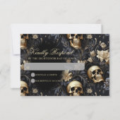 Dunkelgotische Goldschulle und Blume Hochzeit RSVP Karte (Vorderseite)