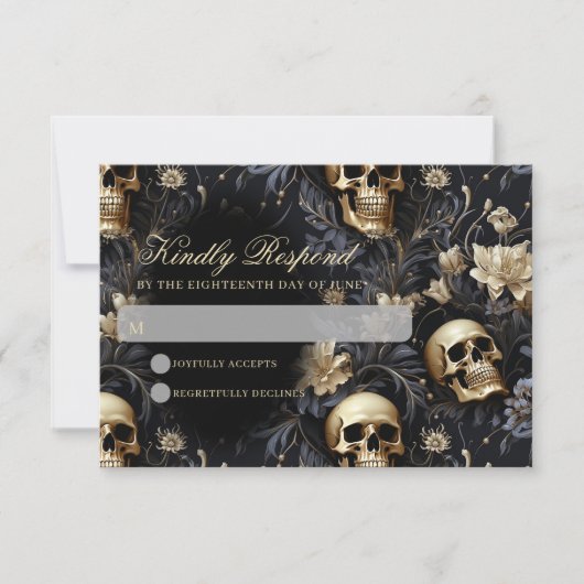 Dunkelgotische Goldschulle und Blume Hochzeit RSVP Karte (Vorderseite)