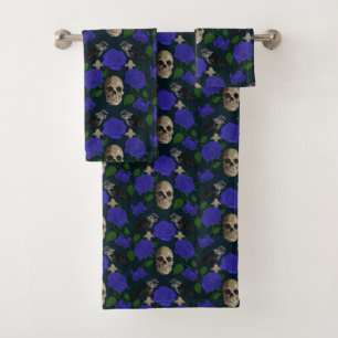 Dunkelgotische grungy Rose Vines Raven Skull blue Badhandtuch Set