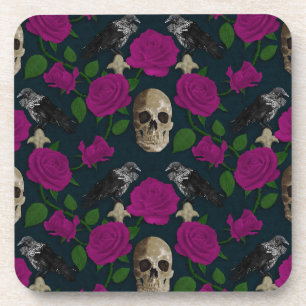 Dunkelgotische grungy Rose Vines Raven Skull pink Getränkeuntersetzer
