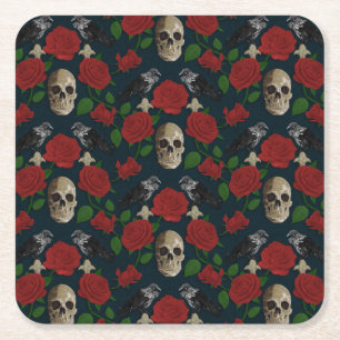 Dunkelgotische grungy Rose Vines Raven Skull rot Rechteckiger Pappuntersetzer