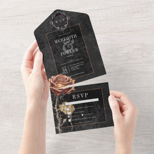 Dunkelgotische Rose Schwarz & Grau Rost Abendessen All In One Einladung (Abreißen)