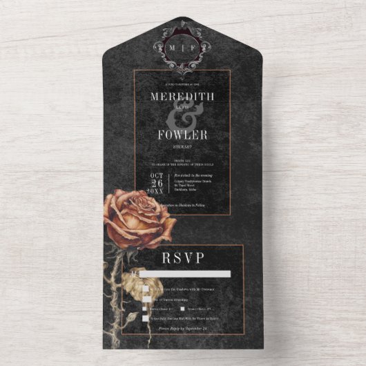 Dunkelgotische Rose Schwarz & Grau Rost Abendessen All In One Einladung (Innen Boden)