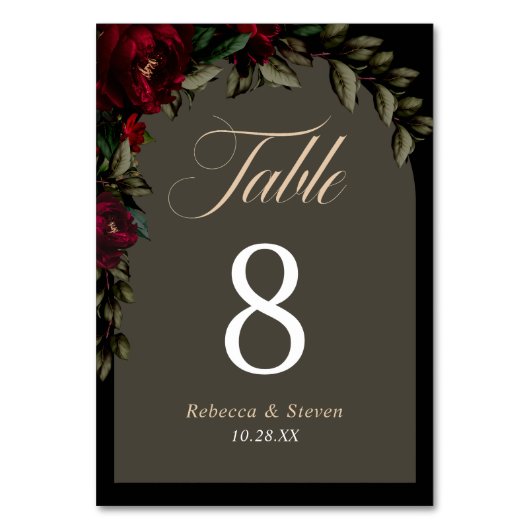 Dunkelgotische, rot-grüne blumengeschmückte Hochze Tischnummer (Rückseite)