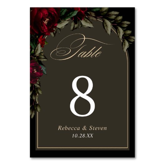 Dunkelgotische, rot-grüne blumengeschmückte Hochze Tischnummer (Vorderseite)