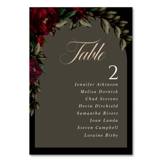 Dunkelgotische, rot-grüne blumengeschmückte Hochze Tischnummer (Rückseite)