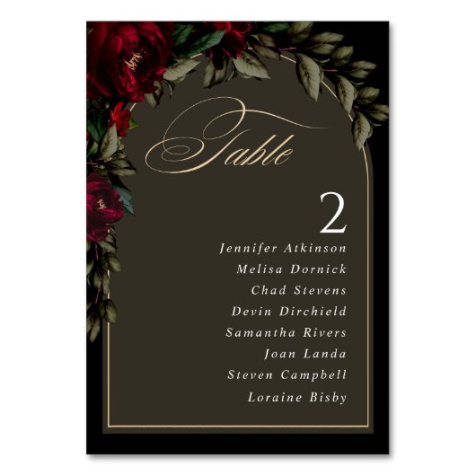 Dunkelgotische, rot-grüne blumengeschmückte Hochze Tischnummer (Vorderseite)