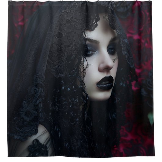 Dunkelgotische Schönheit im Schwarzen Schnürsenkel Duschvorhang (Vorderseite)